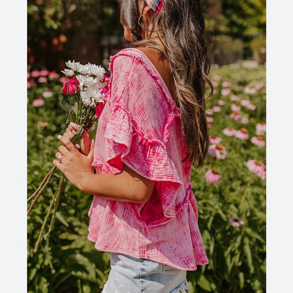 Bibi | Mineral Wash Gauze Ruffle Blouse Deep Square Neck Hot Pink Raw Frayed - Picture 4 of 14